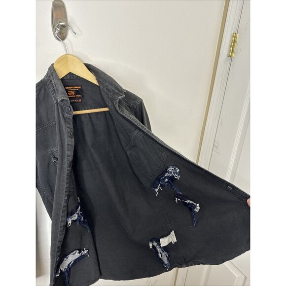 SuperDry Commodity Edition 40Cm Large Black Denim Distressed Button Shirt - Picture 8 of 10